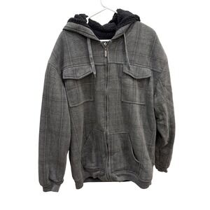 i5 Apparel Mens XL Sherpa Lined Hoodie Jacket Grey Plaid Full Zip Fleece Pockets